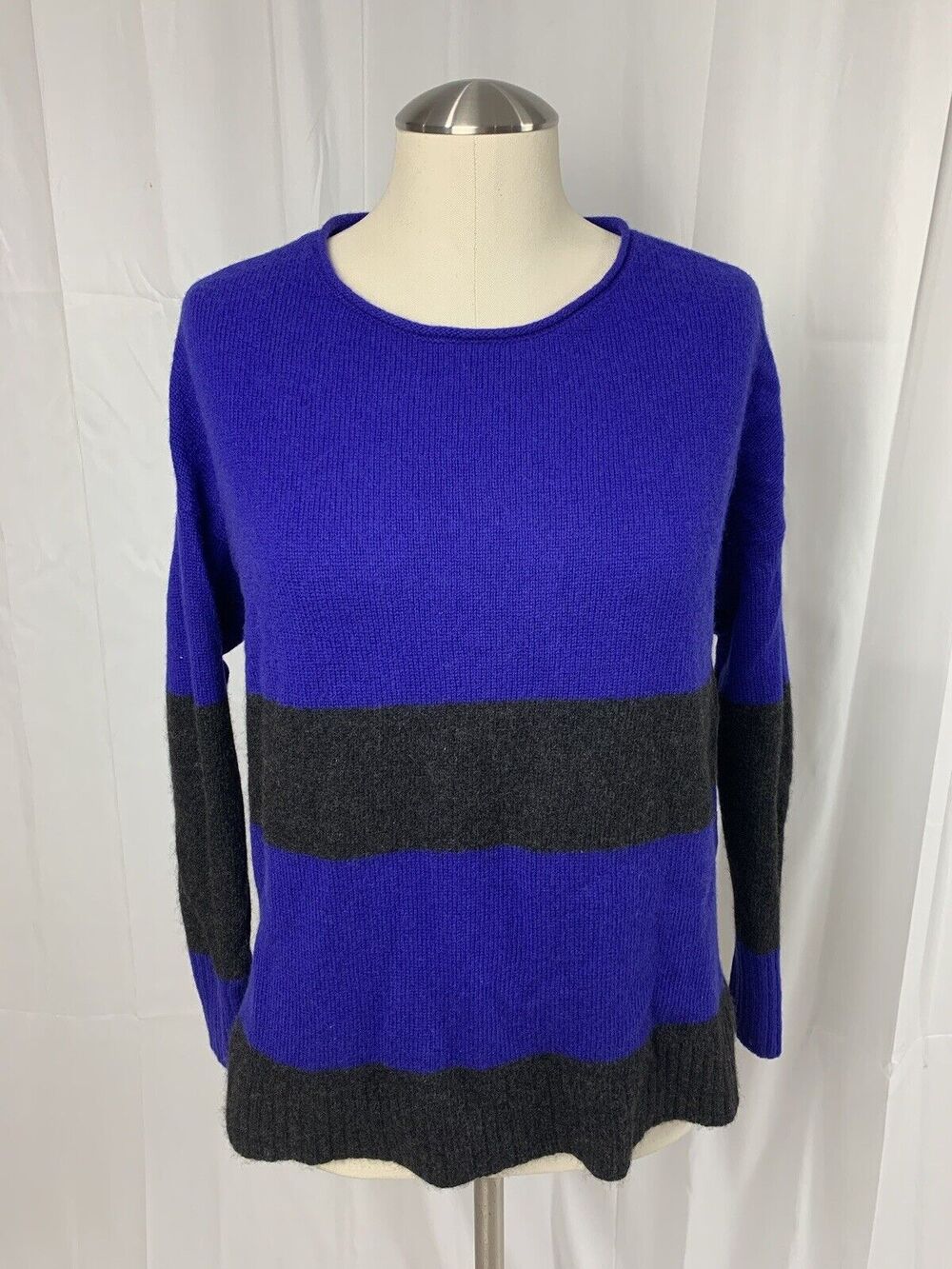 EILEEN FISHER Ballet Neck Wool & Yak Blue Gray Stripe Sweater Drop Shoulder XS